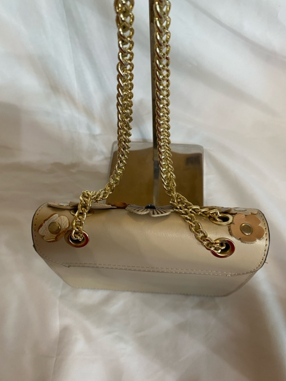 Beige Floral Italian Leather Shoulder Bag, Dinky Size w/Tea Rose Appliqué - Picture 7 of 16